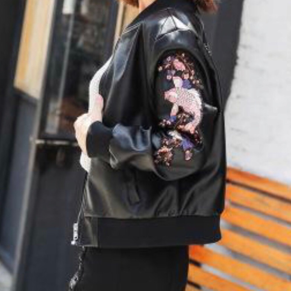 Leather jacket with embroidery flower